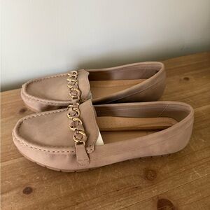 Brand New Tan Loafers with Gold Chain Detail